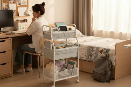 Vista 4 de Moteph Carrito utilitario rodante con ruedas, carrito de pañales de 3 niveles, carrito de guardería con ruedas y organizador de bebé para artículos