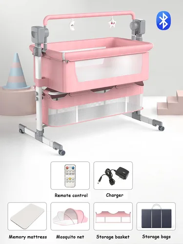 Vista 2 de Cuna inteligente con Bluetooth eléctrica para bebé, cuna para dormir conjuntamente, cuna plegable convertible con control remoto, música y 5 2 rosa