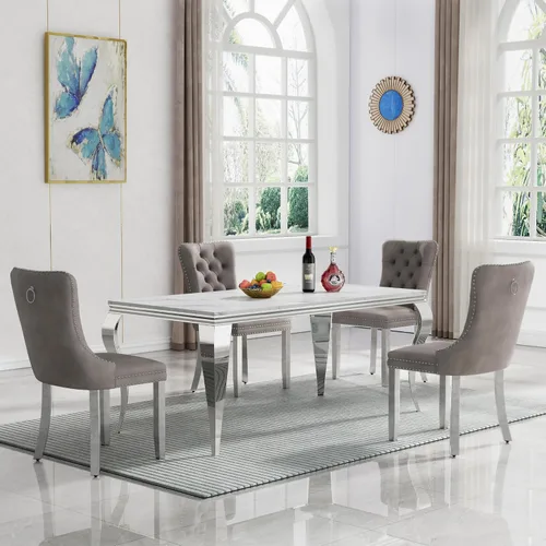 Vista 32 de HomVent Juego de mesa de comedor moderna de mármol sintético para 4 personas, mesa de cocina rectangular con 4 sillas beige (dorado)