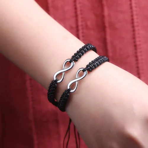 Vista 2 de RINHOO Forever Lovers - Juego de 2 pulseras de acero inoxidable con infinitos, cuerda trenzada de cuero, pulsera de muñeca ajustable de 7 a 9