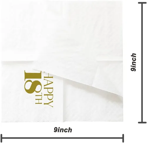 Vista 2 de SharkBliss Servilletas de cóctel de cumpleaños número 18, paquete de 100 servilletas de papel desechables doradas para bebidas de papel