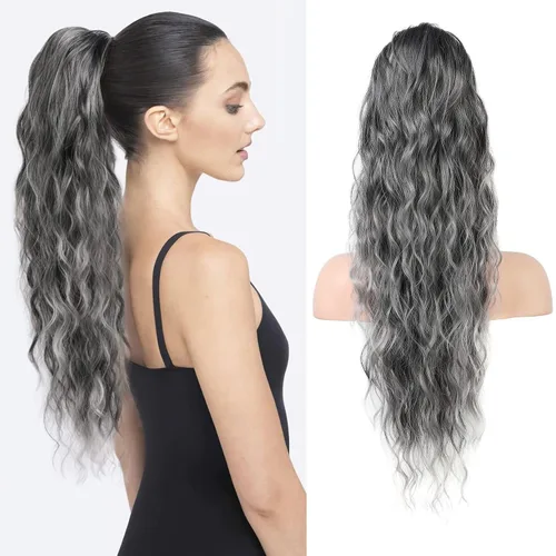 Vista 17 de HOOJIH Extensión de cola de caballo, extensiones de cabello con cordón para cola de caballo de 26 pulgadas de largo, pelo rizado y ondulado natural