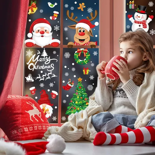 Vista 3 de Adhesivos Navideños para Ventanas 245 Piezas Calcomanías Navideñas Reutilizables de Doble Cara Impresas Autoadhesivas Decoraciones para Ventanas