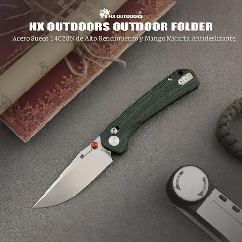 Vista 4 de HX OUTDOORS 2.96 "" bolsillo cuchillo travesaño bloqueo clip 14C28N hoja Micarta mango Verde