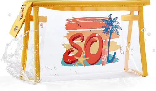 Vista 14 de COSHAYSOO Bolsa de Maquillaje Transparente con Protección Solar, Bolsa de Protector Solar con Parches de Letras, Accesorios Esenciales de Playa