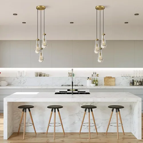Vista 4 de Lámpara colgante de latón de 3 luces para isla de cocina, lámpara colgante de racimo de lluvia, lámpara de techo de cristal con cuerda ajustable