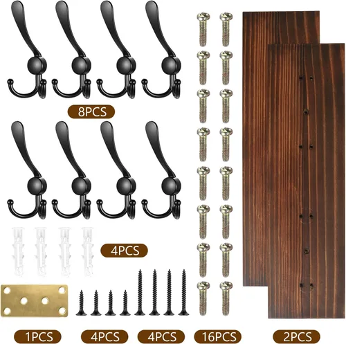 Vista 5 de Perchero de Pared para Montar en Pared, Perchero de Madera Resistente para Pared, 8 Ganchos de Perchero Triple para Colgar Abrigos, Chaquetas, Marrón