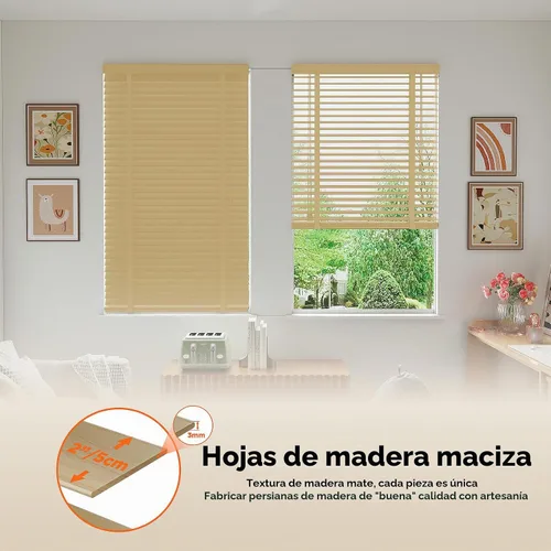 Vista 3 de Persianas de madera con listones de 2 pulgadas para ventanas de interior: persianas opacas de madera maciza, persianas horizontales de privacidad