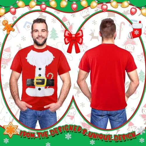 Vista 3 de Camiseta de Navidad roja de Papá Noel novedosa camiseta unisex de elfo verde para disfraz de fiesta de Navidad (Santa, XXL), Papá Noel