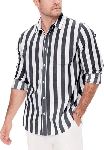 Vista 17 de JEKAOYI - Camisas de lino con botones para hombre, de manga larga, ajuste regular, de algodón, camisas de playa con bolsillo