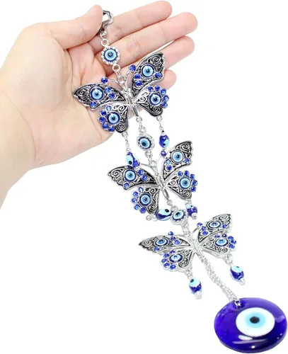 Vista 2 de Amuleto azul turco para colgar en la pared con 3 mariposas de ojo turco para colgar en la pared, decoración del hogar, bendición, inauguración