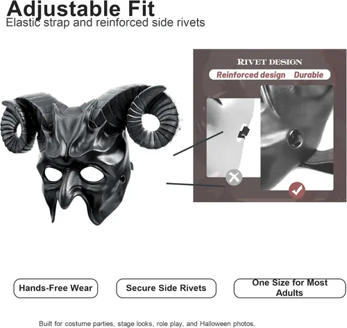 Vista 5 de MCJC Máscara con cuernos de cabra de diablo, accesorios de cosplay de Halloween, máscara de media cara para adultos, 4