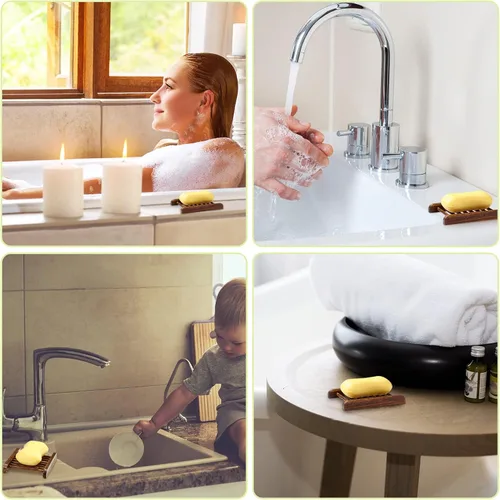Vista 3 de Honeydak 30 piezas de jabonera de madera de bambú, bandeja de jabón de madera, estuche de esponja de madera para baño, hecho a mano, accesorios