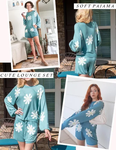 Vista 2 de Ekouaer - Conjunto de pijama de punto para mujer, ropa de descanso, sudadera de manga larga y pantalones a juego, casual, 2 piezas, tallas S-XXL