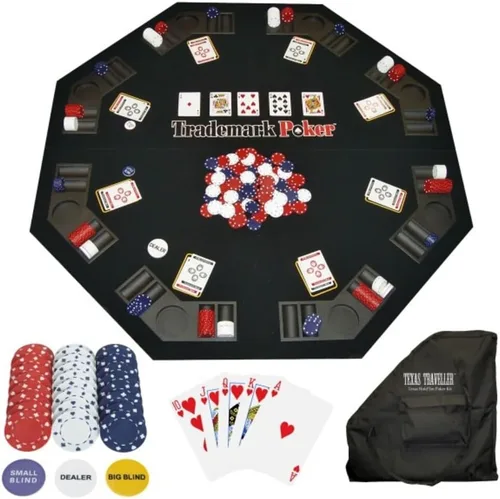 Vista 8 de Decoración de mesa de póquer – Juego plegable Texas Hold 'Em con estuche de transporte, 300 fichas de póquer, 2 mazos de cartas y botones