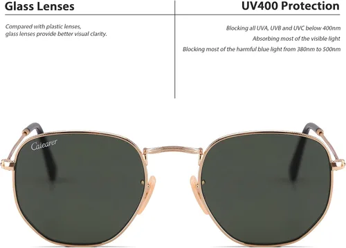 Vista 3 de Lentes de cristal planos estilo hexagonal con marco de metal, protección UV400 para hombres y mujeres