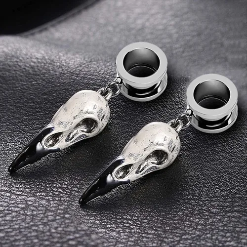 Vista 3 de 2 pendientes de dilatación de oreja para dilatadores de oídos, dilatadores de oído, joyería corporal, cuervo, cráneo de cuervo, dilataciones de acero