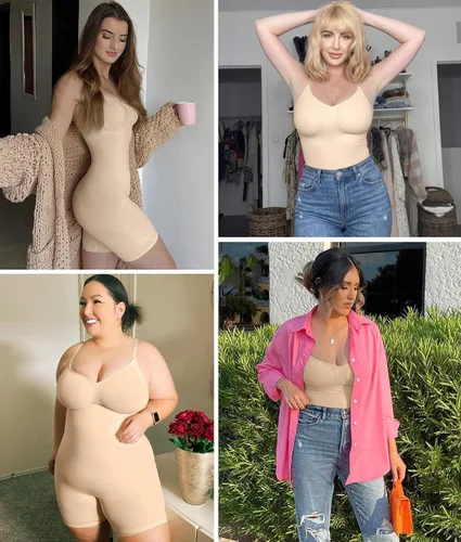 Vista 2 de SHAPERX Faja moldeadora para mujer, body con control de abdomen, pantalones cortos moldeadores de cuerpo a la mitad del muslo para un aspecto Beige