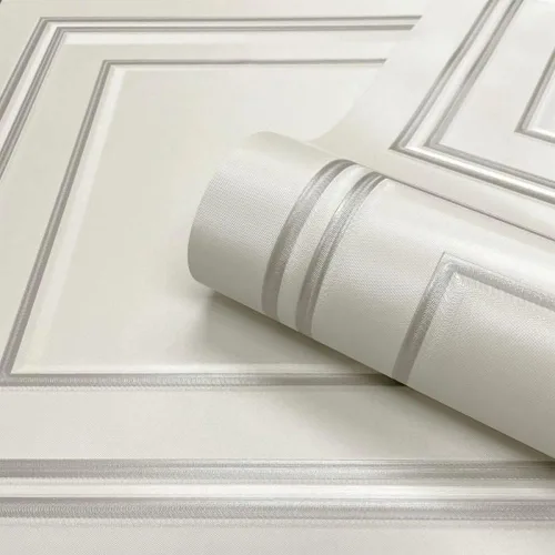 Vista 5 de Amara 7388 - Papel tapiz transparente con efecto de panel de madera, ligeramente texturizado, color blanco y plateado