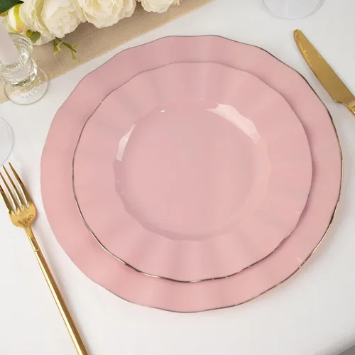 Vista 66 de Tableclothsfactory Paquete de 10 platos redondos de plástico negro de 6 pulgadas para ensalada de postre, platos desechables con borde ondulado