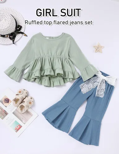 Vista 2 de Conjunto de ropa de bebé para niña pequeña con volantes, pantalones florales con bonito conjunto de diadema