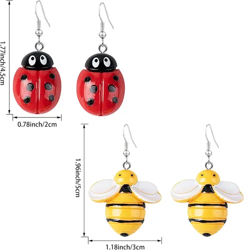Vista 2 de 2 pares de aretes colgantes de panal con abeja, lindos insectos y pandas, aretes colgantes de resina de mariquita y panda para mujeres y niñas