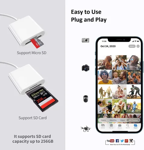 Vista 3 de Lector de Tarjetas SD para iPhone iPad, Cable Adaptador de Tarjeta SD/Micro SD Certificado MFi de Apple con Ranuras Duales para Cámaras SLR, Visor