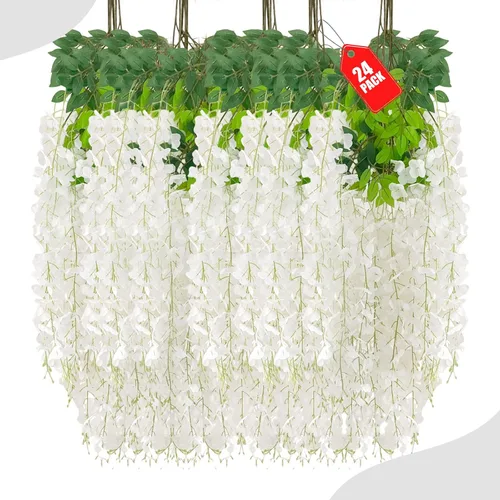 Vista 60 de Paquete de 12 flores colgantes de glicina rosa, flores colgantes falsas de 3.44 pies, guirnalda de glicina artificial para decoración de boda, telón