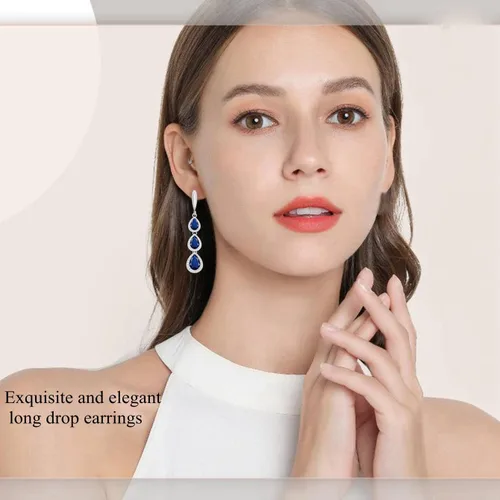 Vista 4 de LMXXVJ Juego de collar y aretes largos, chapados en oro blanco, juego de joyas de zafiro azul creado, joyería de regalo para boda, fiesta, joyería