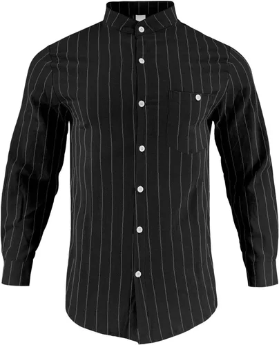 Vista 4 de Camisa de lino para hombre, manga larga, casual, a rayas, con botones, para playa, verano y boda