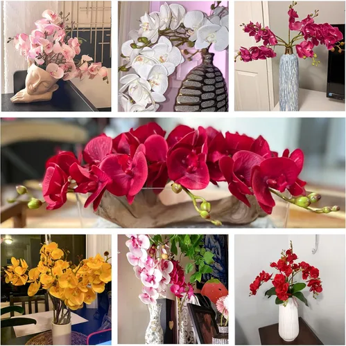 Vista 2 de BOMAROLAN Flores artificiales de orquídea mariposa sintética, 4 piezas de flores de seda de doble rama de tacto real (sin jarrón) para boda, hogar