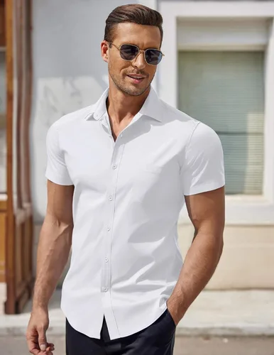 Vista 2 de COOFANDY Camisa de vestir de manga corta con botones y bolsillo para hombre