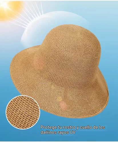 Vista 4 de Sombrero de sol para mujer, hecho a mano, plegable, de paja, sombrero de pescador, gorra de viaje de Caqui