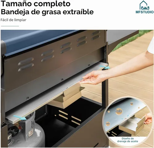 Vista 7 de MFSTUDIO - Parrilla de gas para barbacoa de acero inoxidable de 4 quemadores con quemador lateral, color azul