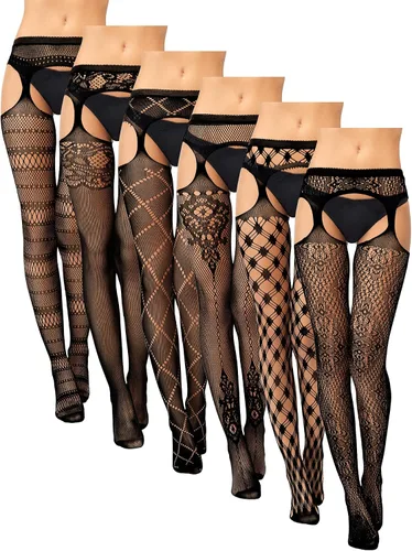 Vista 17 de Skylety 6 pares de medias de red para mujer, medias altas hasta el muslo, medias con tirantes para mujeres y niñas