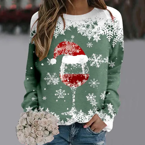 Vista 3 de Rvidbe Suéter feo de Navidad para mujer, estampado de copa de vino tinto, casual, cuello redondo, manga larga, sudaderas
