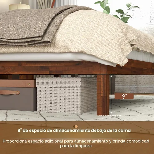 Vista 8 de KOMFOTT Base de cama de madera tamaño twin con cabecero, base de cama de plataforma de madera de acacia sólida, base de cama soportada por listones