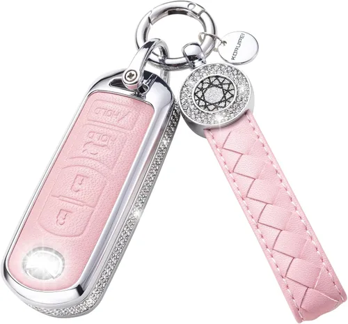 Vista 6 de Funda para llave inteligente con llavero, de piel auténtica color rosa, con cristales, carcasa protectora