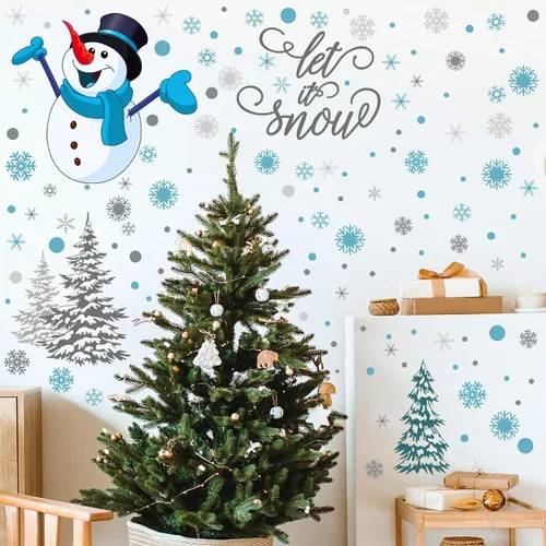 Vista 5 de Soaoo 63 calcomanías de pared de invierno, calcomanías de copos de nieve, calcomanías extraíbles de muñeco de nieve de Navidad, arte de pared