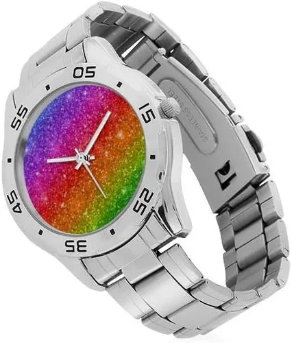 Vista 2 de Cute Tie Dye Rainbow Reloj casual de acero inoxidable para hombre, plata de lujo