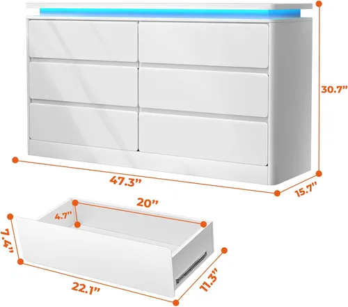 Vista 2 de Loomie Cómoda blanca mejorada de 6 cajones para dormitorio, cajonera larga de 47.2" con estación de carga y luces LED, mueble de almacenamiento