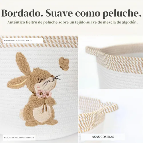 Vista 3 de Cesta de almacenamiento de conejito para bebé, cubo de cuerda de algodón tejido, 15 x 11 pulgadas