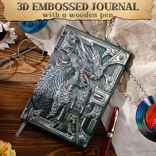 Vista 2 de Diario de Dragón Pajean de Cuero en Relieve Diario de Cuero para Escribir Diario Antiguo de Dragón Cuaderno con Pluma Papel Forrado Tapa Dura Diario