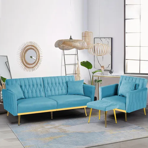 Vista 23 de 2 Pieces Velvet Chairs w/Adjustable Backrest & Ottoman, Baby Blue Azul bebé
