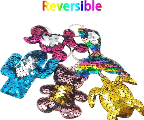 Vista 4 de GuassLee 15 llaveros de lentejuelas para niños y niñas, recuerdos de fiesta, mochila de unicornio y sirena, llaveros a granel para niños, premios
