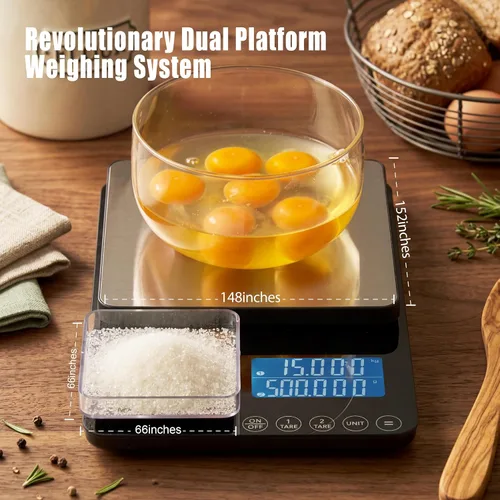 Vista 2 de Báscula de cocina de doble plataforma, báscula digital de alimentos con pantalla doble, dos básculas en una para pesada y precisa, 33 lb/0.01