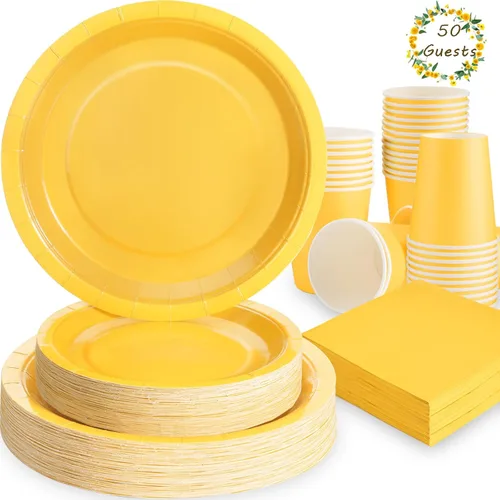 Vista 14 de Juego de 350 platos de papel floral, platos desechables con borde dorado para 50 invitados, suministros de fiesta para adultos, jardín, fiesta