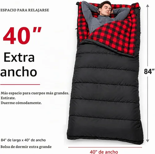 Vista 2 de PO PO BEAR 0 Degree Sleeping Bag for Adults, 84" x 40" Big & Tall Cold Weather Sleeping Bag with Soft Flannel Lining Negro
