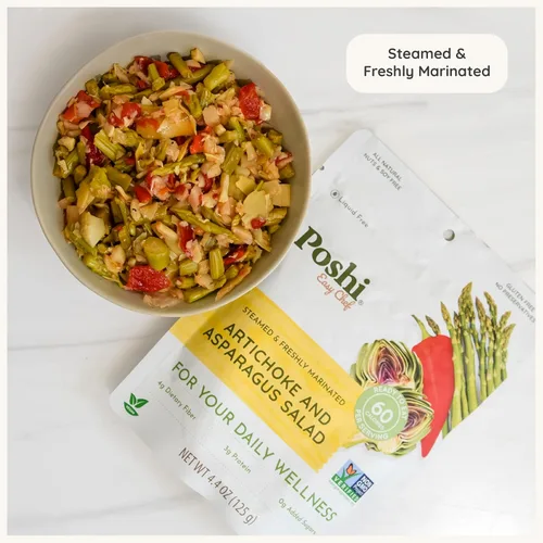 Vista 3 de POSHI Ensalada natural de alcachofas y espárragos, ceto, vegana, sin OMG, baja en carbohidratos + calorías, sin gluten, lista para comer, verduras