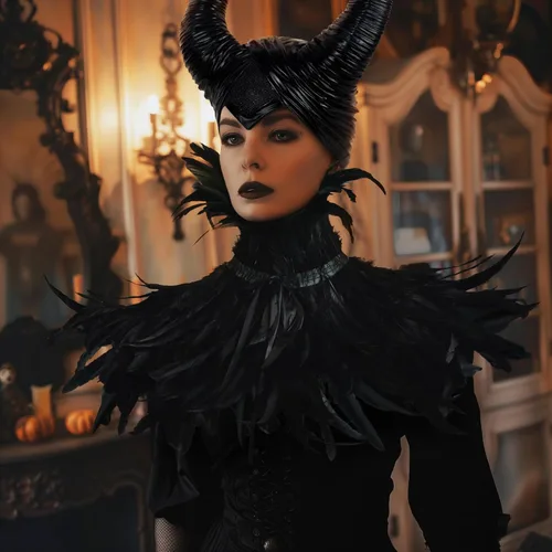 Vista 2 de HOMELEX Disfraz de cuernos de plumas de reina malvada para mujer, capa negra, accesorios de chal para Halloween